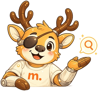 Morfito, la mascota de Morfi en versión robot, buscando con una lupa